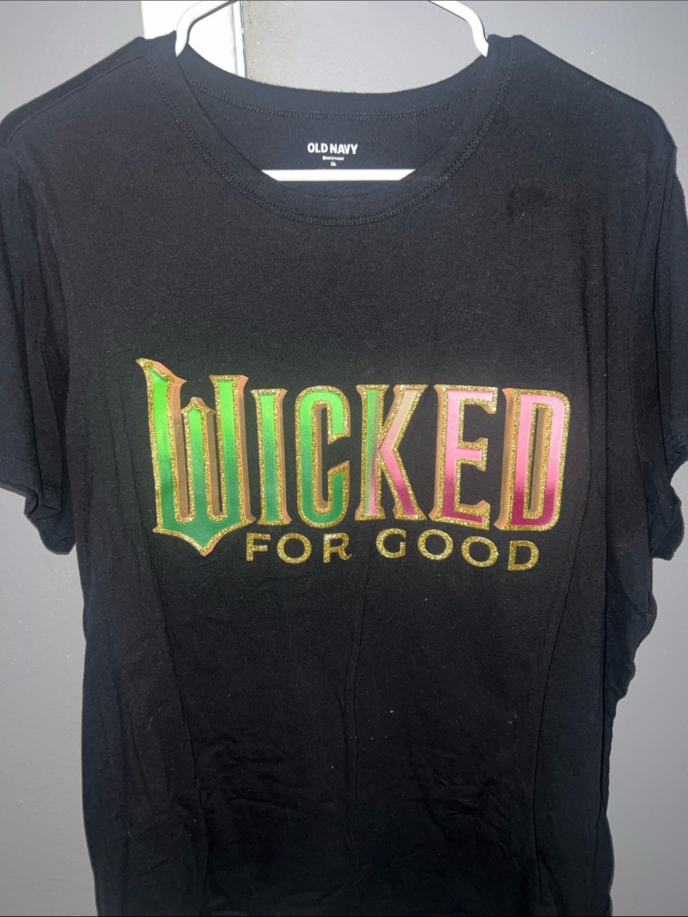 Old Navy Black Tee with Green, Pink and Gold 'Wicked For Good' Graphic